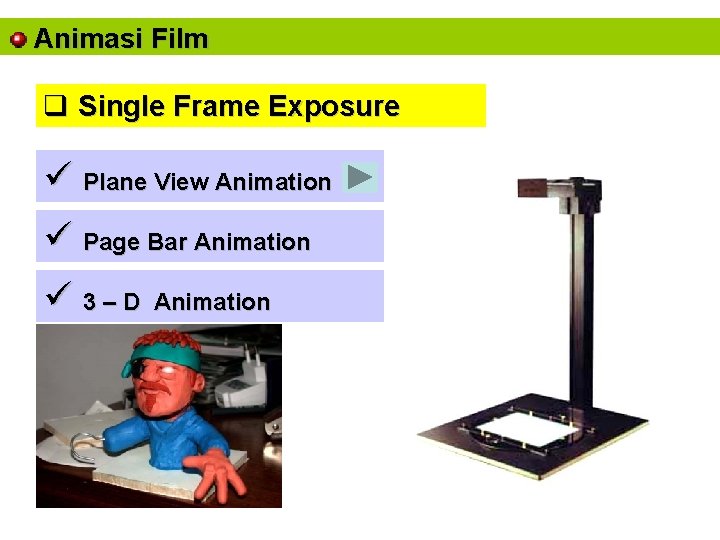 Animasi Film q Single Frame Exposure ü Plane View Animation ü Page Bar Animation