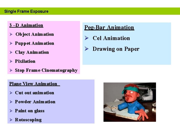 Single Frame Exposure 3 –D Animation Ø Object Animation Ø Puppet Animation Ø Clay