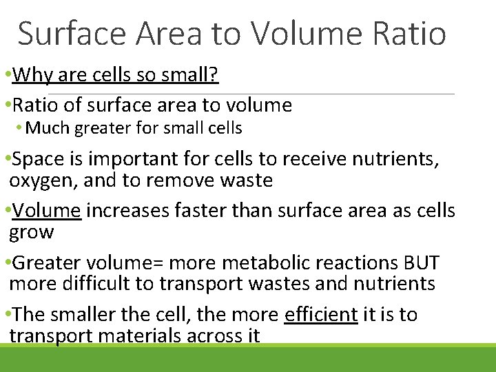 Surface Area to Volume Ratio • Why are cells so small? • Ratio of