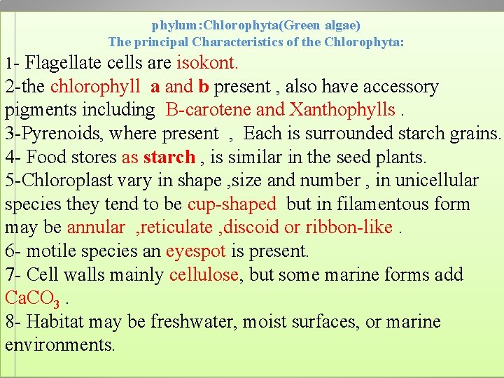 phylum: Chlorophyta(Green algae) The principal Characteristics of the Chlorophyta: 1 - Flagellate cells are