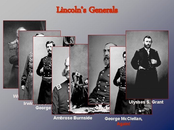 Lincoln’s Generals Winfield Scott Irwin Mc. Dowell George Mc. Clellan Joseph Hooker Ambrose Burnside