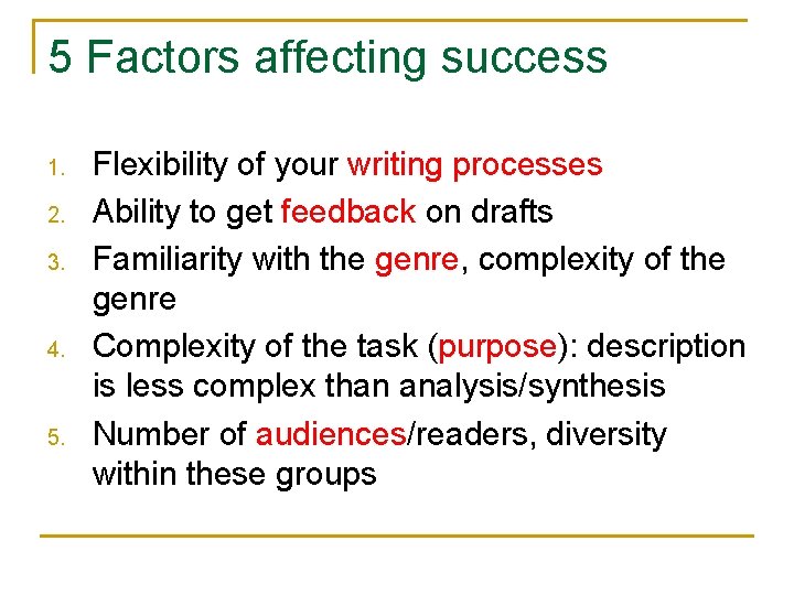 5 Factors affecting success 1. 2. 3. 4. 5. Flexibility of your writing processes