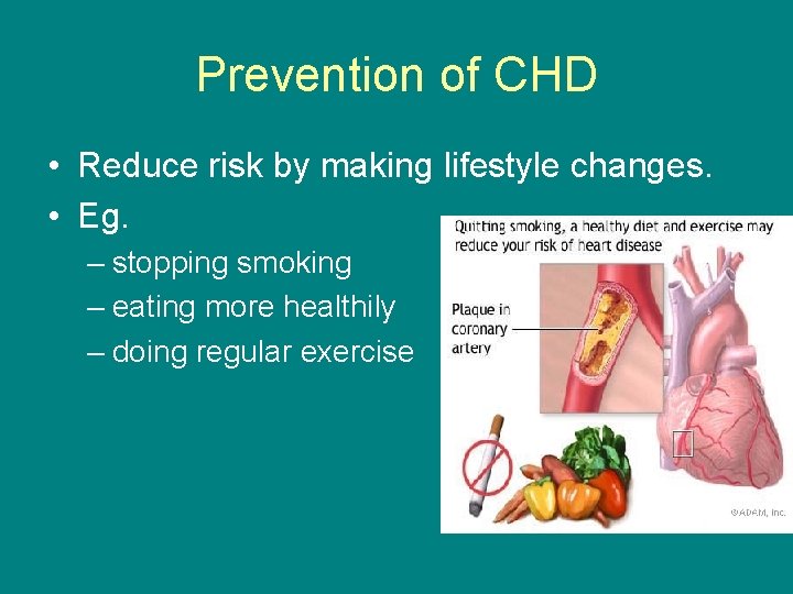 Prevention of CHD • Reduce risk by making lifestyle changes. • Eg. – stopping