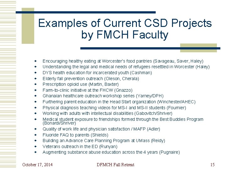 Examples of Current CSD Projects by FMCH Faculty w w w w Encouraging healthy