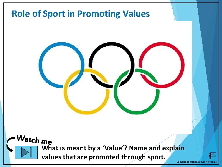 Role of Sport in Promoting Values Watch me What is meant by a ‘Value’?