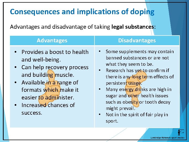 Consequences and implications of doping Advantages and disadvantage of taking legal substances: Advantages Disadvantages