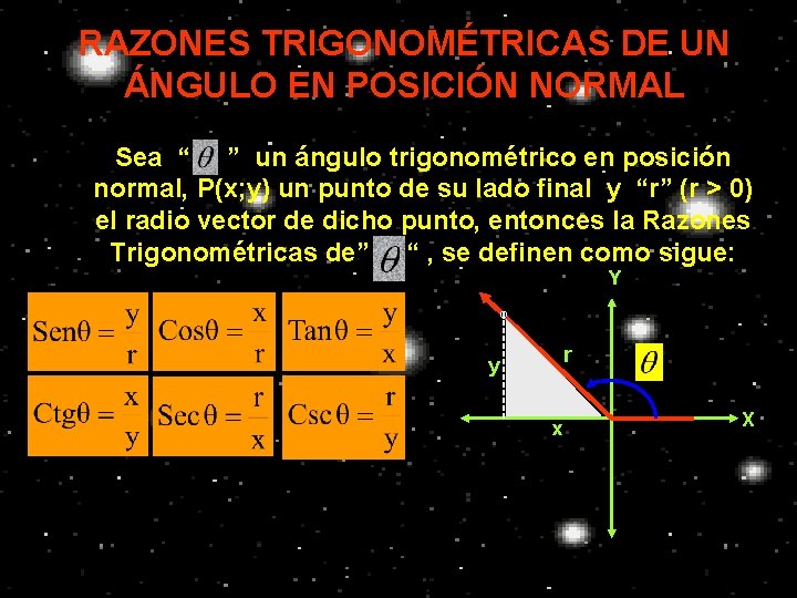 RAZONES TRIGONOMÉTRICAS DE UN ÁNGULO EN POSICIÓN NORMAL Sea “ ” un ángulo trigonométrico