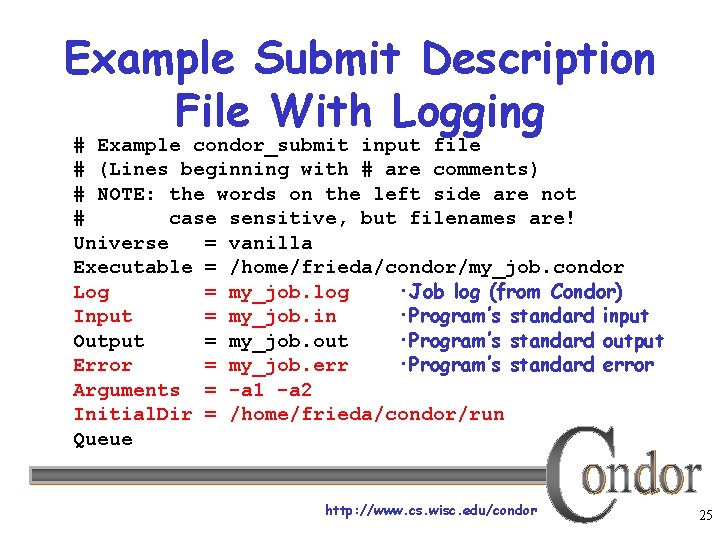 Example Submit Description File With Logging # Example condor_submit input file # (Lines beginning