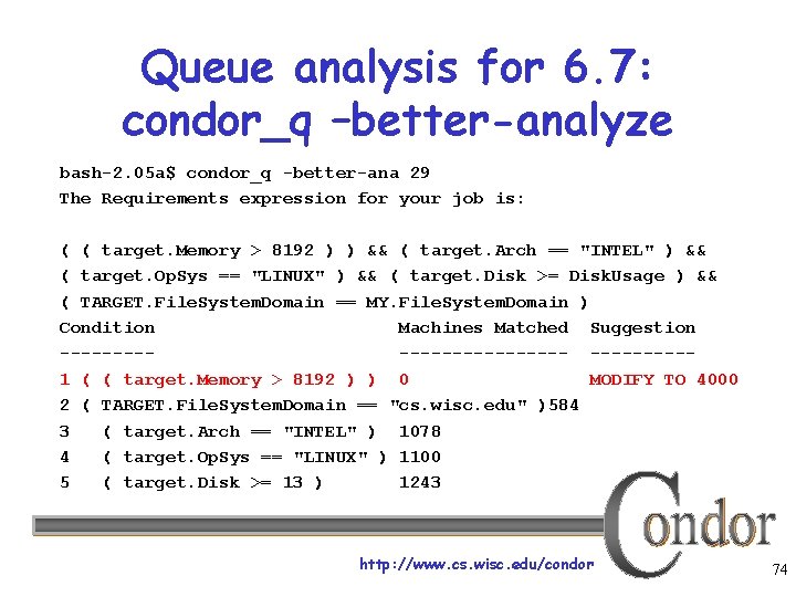 Queue analysis for 6. 7: condor_q –better-analyze bash-2. 05 a$ condor_q -better-ana 29 The