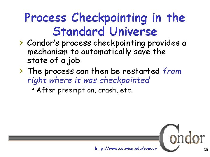 Process Checkpointing in the Standard Universe › Condor’s process checkpointing provides a › mechanism