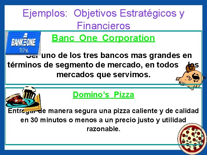 Ejemplos: Objetivos Estratégicos y Financieros Banc One Corporation Ser uno de los tres bancos