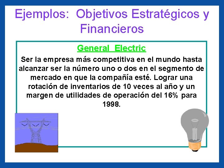 Ejemplos: Objetivos Estratégicos y Financieros General Electric Ser la empresa más competitiva en el