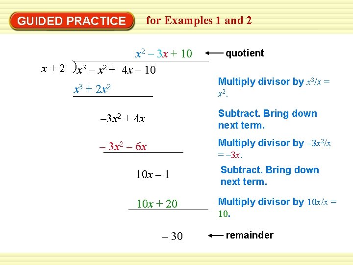 Warm-Up Exercises GUIDED PRACTICE for Examples 1 and 2 x 2 – 3 x