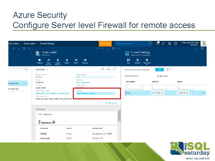 Azure Security Configure Server level Firewall for remote access 