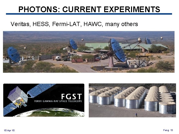 PHOTONS: CURRENT EXPERIMENTS Veritas, HESS, Fermi-LAT, HAWC, many others 15 Apr 15 Feng 13 PHOTONS: CURRENT EXPERIMENTS Veritas, HESS, Fermi-LAT, HAWC, many others 15 Apr 15 Feng 13