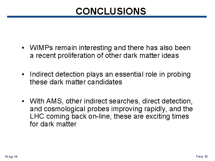 CONCLUSIONS • WIMPs remain interesting and there has also been a recent proliferation of CONCLUSIONS • WIMPs remain interesting and there has also been a recent proliferation of