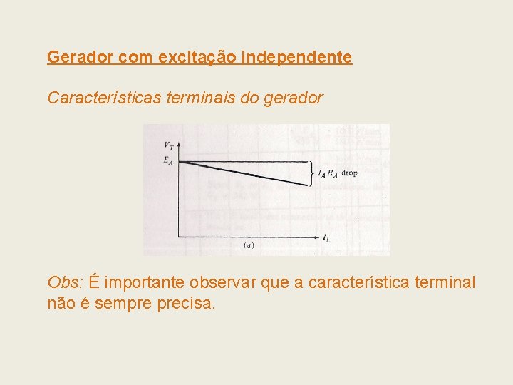 Gerador com excitação independente Características terminais do gerador Obs: É importante observar que a Gerador com excitação independente Características terminais do gerador Obs: É importante observar que a