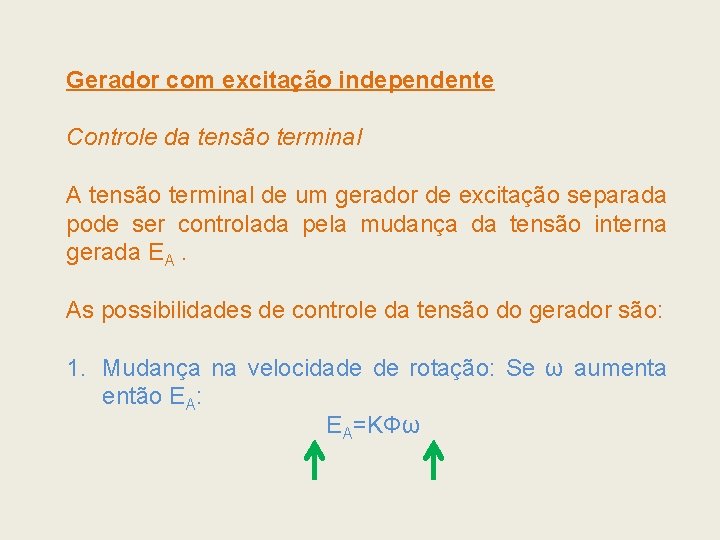 Gerador com excitação independente Controle da tensão terminal A tensão terminal de um gerador Gerador com excitação independente Controle da tensão terminal A tensão terminal de um gerador