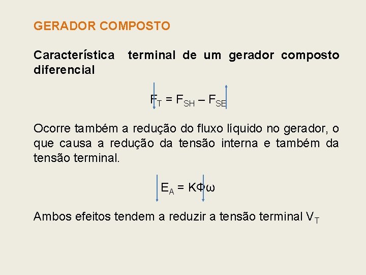 GERADOR COMPOSTO Característica diferencial terminal de um gerador composto FT = FSH – FSE GERADOR COMPOSTO Característica diferencial terminal de um gerador composto FT = FSH – FSE
