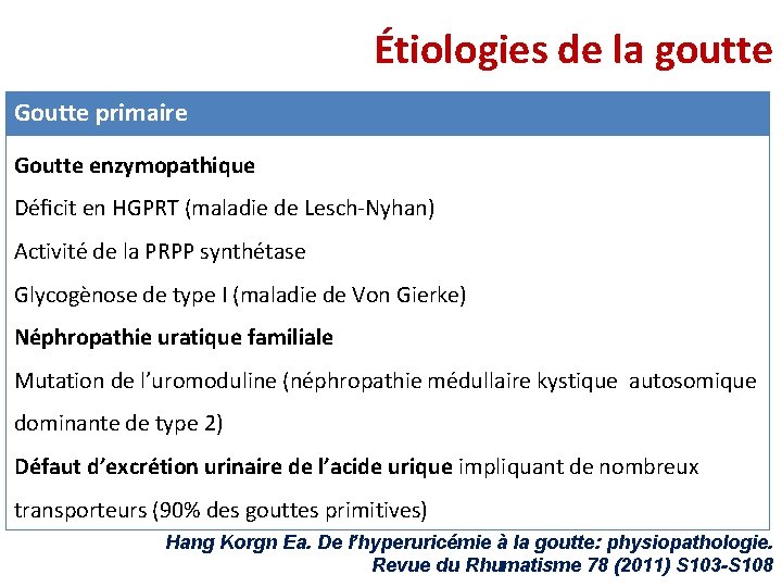 Étiologies de la goutte Goutte primaire Goutte enzymopathique Déficit en HGPRT (maladie de Lesch-Nyhan) Étiologies de la goutte Goutte primaire Goutte enzymopathique Déficit en HGPRT (maladie de Lesch-Nyhan)