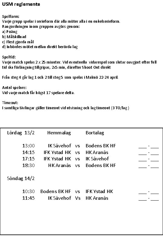 USM reglemente Spelform: Varje grupp spelar i serieform där alla möter alla i en