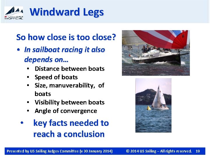 Windward Legs So how close is too close? • In sailboat racing it also