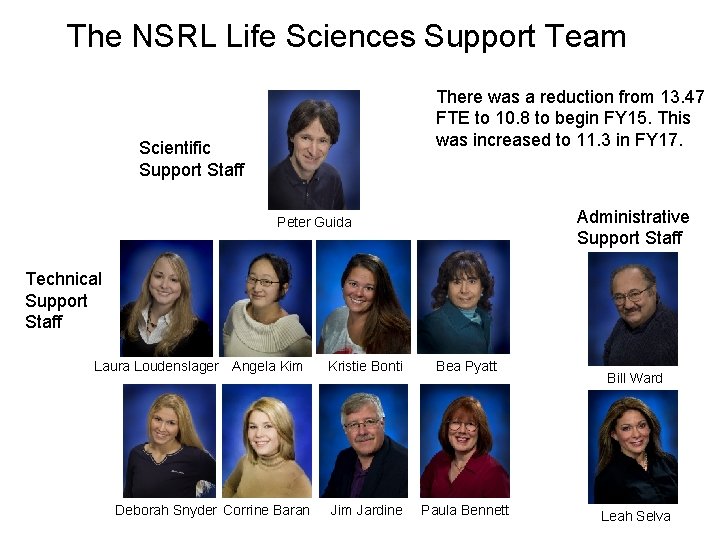 The NSRL Life Sciences Support Team There was a reduction from 13. 47 FTE