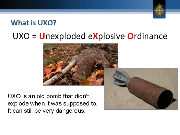 What is UXO? UXO = Unexploded e. Xplosive Ordinance UXO is an old bomb