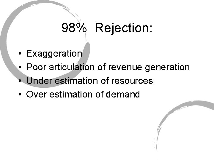 98% Rejection: • • Exaggeration Poor articulation of revenue generation Under estimation of resources