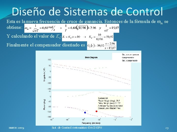 Diseño de Sistemas de Control Esta es la nueva frecuencia de cruce de ganancia.