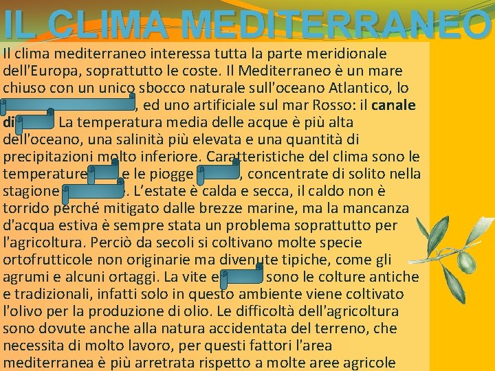 IL CLIMA MEDITERRANEO Il clima mediterraneo interessa tutta la parte meridionale dell'Europa, soprattutto le