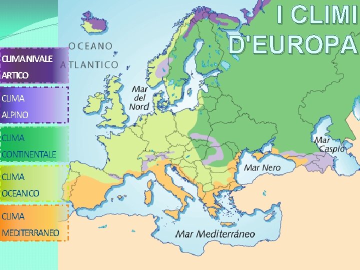CLIMA NIVALE ARTICO O POLARE CLIMA ALPINO CLIMA CONTINENTALE CLIMA OCEANICO CLIMA MEDITERRANEO I