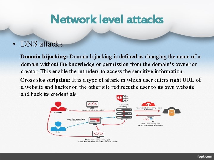 Network level attacks • DNS attacks: Domain hijacking is defined as changing the name