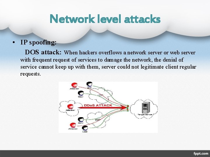 Network level attacks • IP spoofing: DOS attack: When hackers overflows a network server