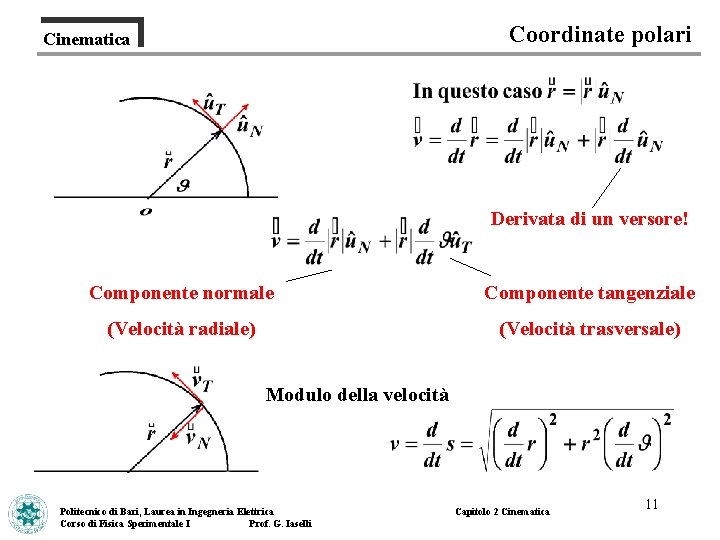 Coordinate polari Cinematica Derivata di un versore! Componente normale Componente tangenziale (Velocità radiale) (Velocità