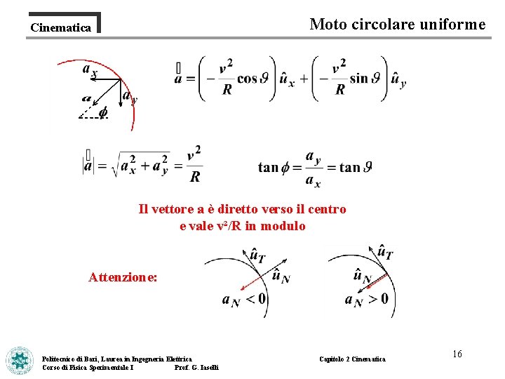 Moto circolare uniforme Cinematica Il vettore a è diretto verso il centro e vale