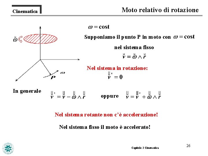 Moto relativo di rotazione Cinematica Supponiamo il punto P in moto con nel sistema