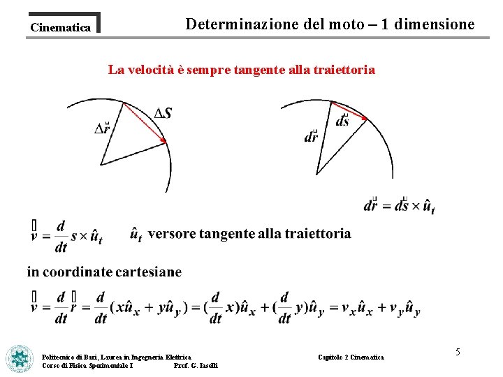 Cinematica Determinazione del moto – 1 dimensione La velocità è sempre tangente alla traiettoria