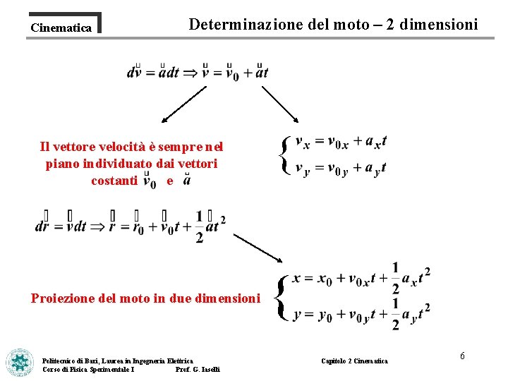 Cinematica Determinazione del moto – 2 dimensioni Il vettore velocità è sempre nel piano