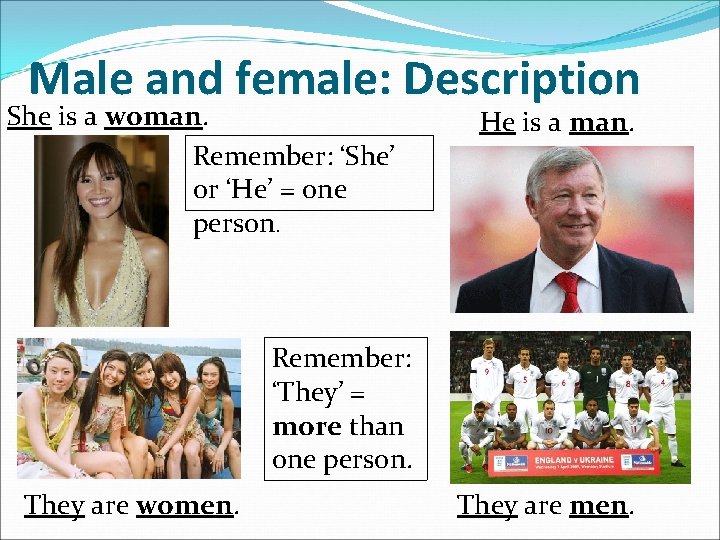 Male and female: Description She is a woman. Remember: ‘She’ or ‘He’ = one