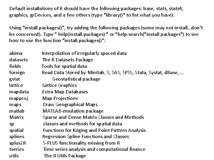 Default installations of R should have the following packages: base, stats 4, graphics, gr.