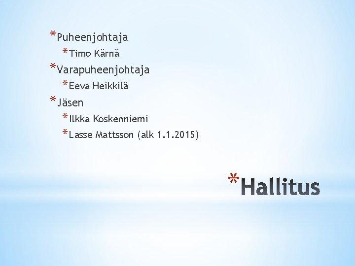 *Puheenjohtaja * Timo Kärnä *Varapuheenjohtaja * Eeva Heikkilä *Jäsen * Ilkka Koskenniemi * Lasse *Puheenjohtaja * Timo Kärnä *Varapuheenjohtaja * Eeva Heikkilä *Jäsen * Ilkka Koskenniemi * Lasse