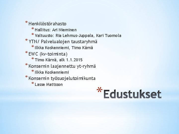 * Henkilöstörahasto * Hallitus: Ari Nieminen * Valtuusto: Ria Lehmus-Juppala, Kari Tuomola * YTN/ * Henkilöstörahasto * Hallitus: Ari Nieminen * Valtuusto: Ria Lehmus-Juppala, Kari Tuomola * YTN/