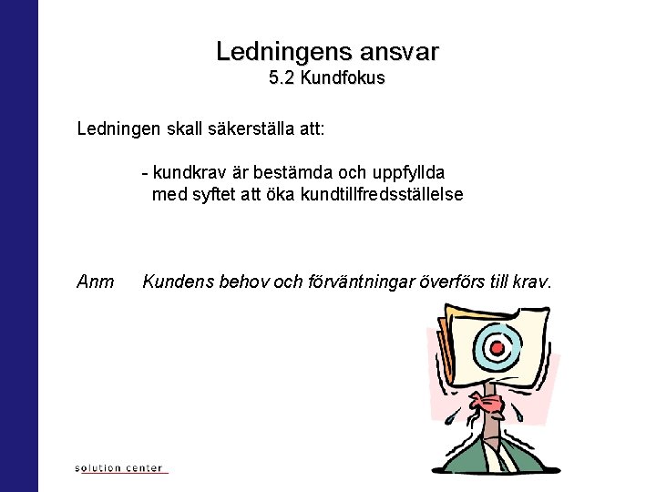 Ledningens ansvar 5. 2 Kundfokus Ledningen skall säkerställa att: - kundkrav är bestämda och