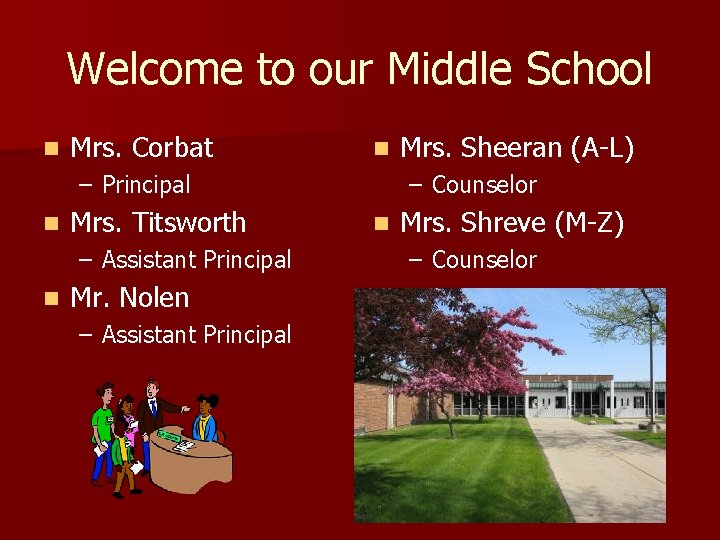 Welcome to our Middle School n Mrs. Corbat n – Principal n Mrs. Titsworth
