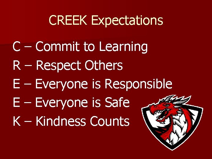 CREEK Expectations C – Commit to Learning R – Respect Others E – Everyone