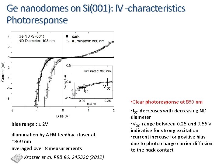 Ge nanodomes on Si(001): IV -characteristics Photoresponse ISC VOC • Clear photoresponse at 860