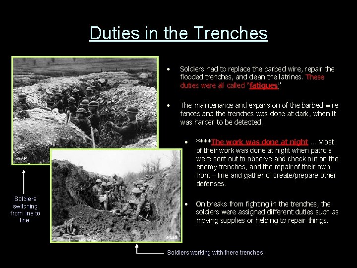 Duties in the Trenches Soldiers switching from line to line. • Soldiers had to