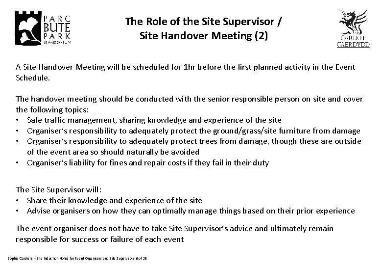 The Role of the Site Supervisor / Site Handover Meeting (2) A Site Handover