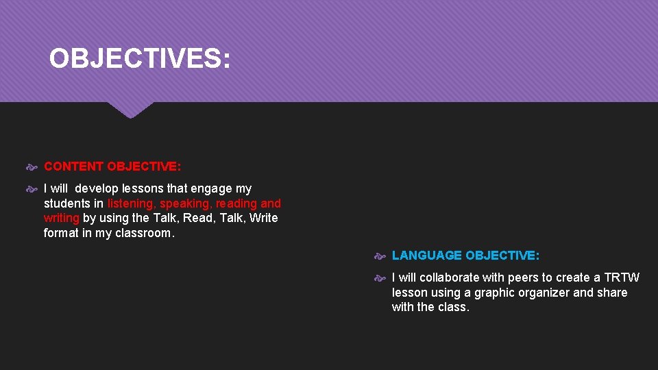 OBJECTIVES: CONTENT OBJECTIVE: I will develop lessons that engage my students in listening, speaking,